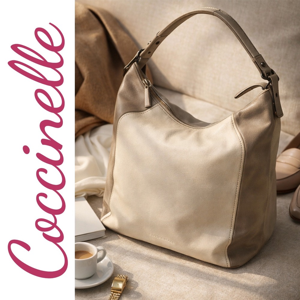 Coccinelle‎ Italian Two-Tone Leather Hobo Shoulder Bag Cream Taupe Large Slouchy